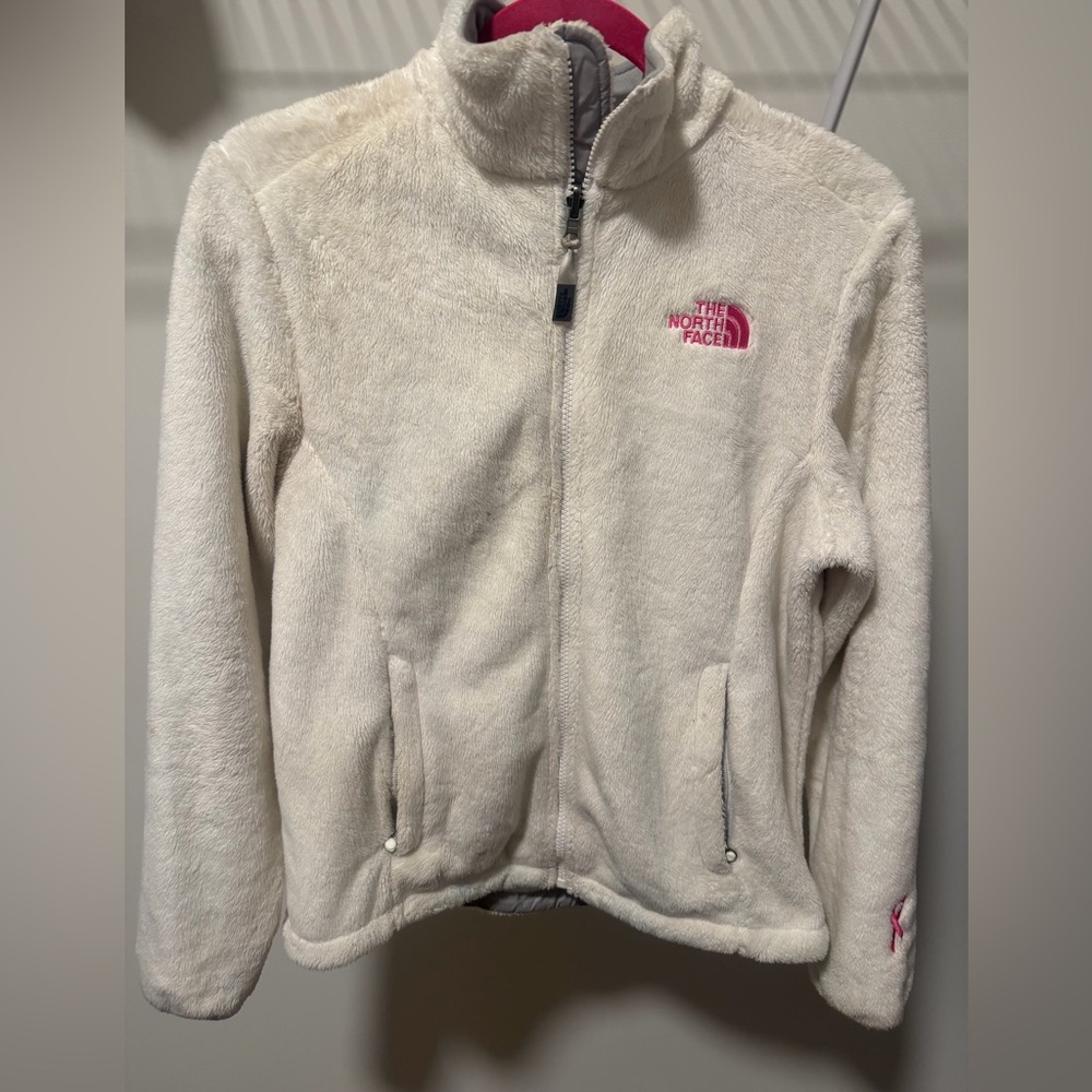 The North Face women’s small Cream Fleece Jacket with Pink fight cancer logo